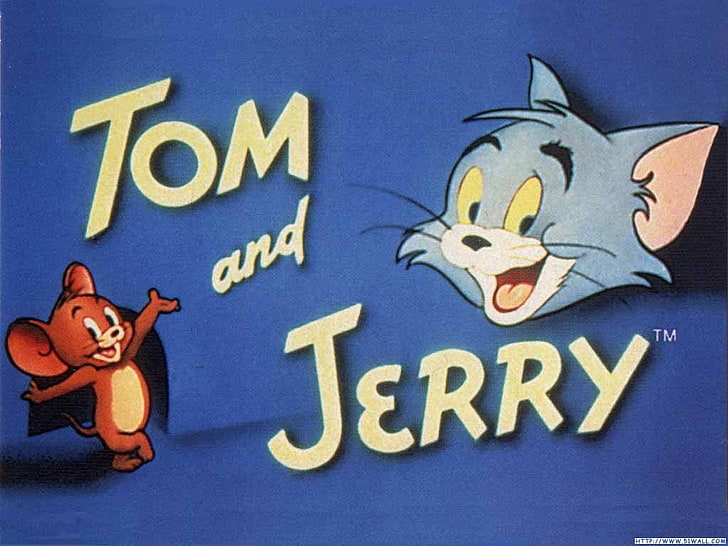 Tom and Jerry poster, cartoon, art and craft, text, indoors, blue, HD wallpaper