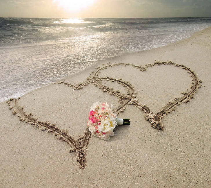 white and pink bouquet of flowers, nature, love, beach, sand