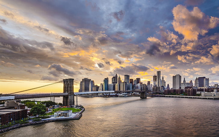 Brooklyn Bridge, Manhattan, New York City, skyscrapers, clouds, HD wallpaper