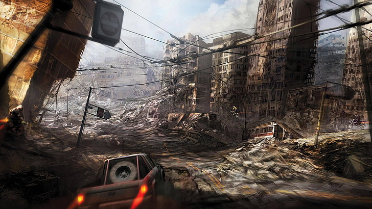 game screenshot, apocalyptic, concept art, architecture, sky