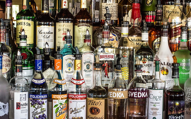assorted liquor bottles, alcohol, vodka, container, variation, HD wallpaper
