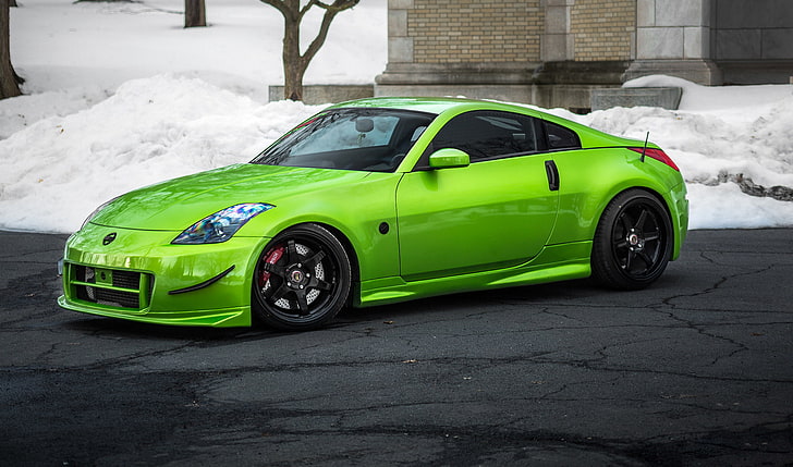 green coupe, tuning, Nissan, 350z, stance, car, land Vehicle, HD wallpaper