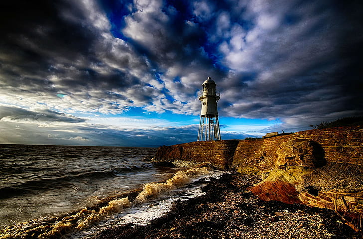 beach, lighthouse, England, sea, clouds, wall, coast, nature, HD wallpaper