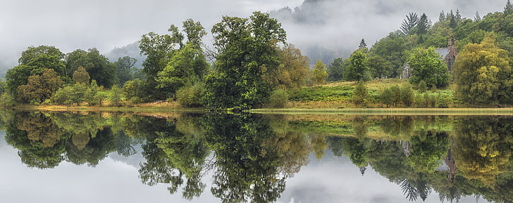 Lake Reflection, Green leafed trees, Europe, United Kingdom, Nature