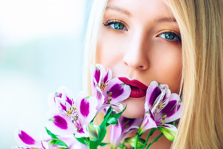 women, model, Ania Dziubak, blue eyes, flowers, blonde, face, HD wallpaper