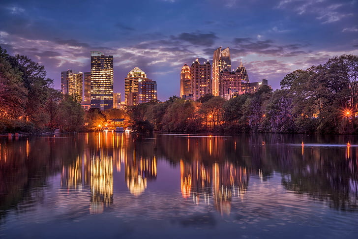 Atlanta, Georgia, USA, city lights, trees, river, Piedmont, park, HD wallpaper