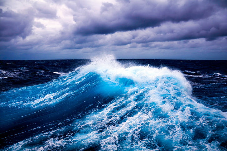 water, waves, sea, horizon, splashes, cyan, blue, violet, clouds, HD wallpaper