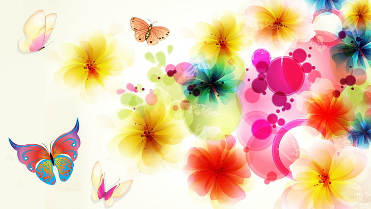 Exotic Floral Abstract, blue yellow and red butter fly and floral illustration, HD wallpaper