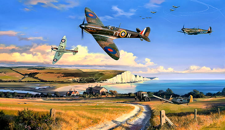 Battle of Britain, dirt road, car, WWII, Spitfire Mk.I, The white cliffs of Dover, HD wallpaper