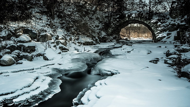 snowy river, nature, winter, ice, landscape, water, stream, bridge, HD wallpaper