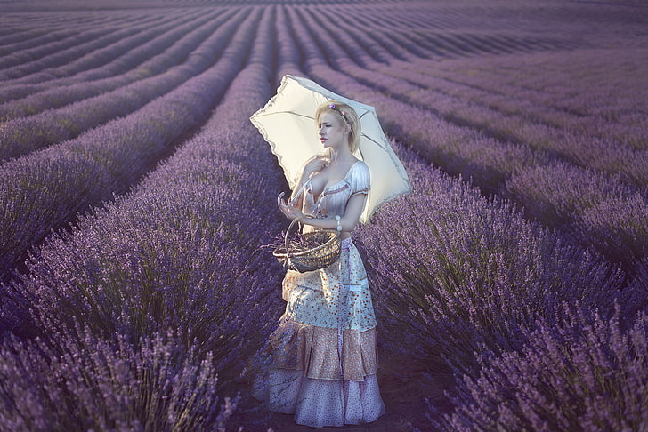 field, girl, umbrella, mood, dress, basket, lavender, Vanessa Galway, HD wallpaper