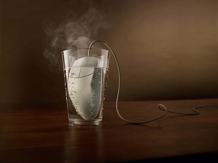 gray corded computer mouse, glass, steam, water, table, drink, HD wallpaper