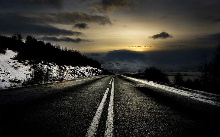 Dark Winter Road, street, moon, 3d and abstract