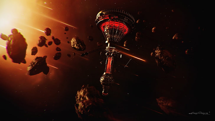 black and red spacecraft illustration, digital art, asteroid