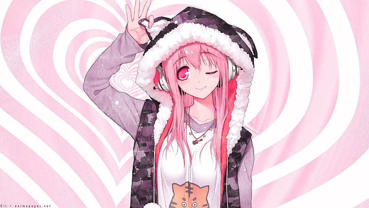 anime girls, Super Sonico, hoods, one person, pink color, front view, HD wallpaper