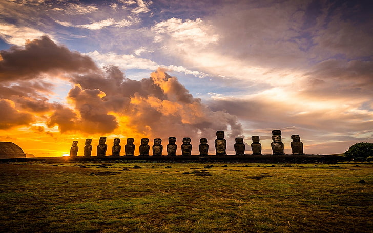 landscape, nature, Rapa Nui, island, clouds, Chile, Moai, statue, HD wallpaper