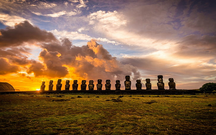 Landscape, Nature, Sunrise, Rapa Nui, Island, Clouds, Chile, Moai, Statue, Enigma, Grass, stone heads