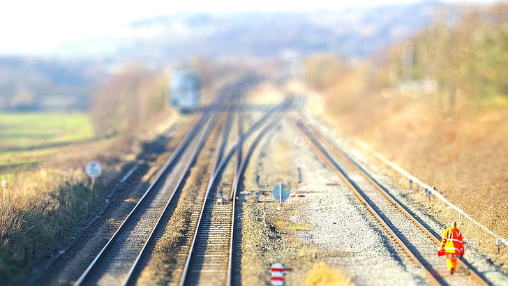 brown railroad, untitled, railway, blurred, tilt shift, railroad Track, HD wallpaper