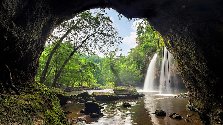 cave, waterfall, haew su wat waterfall, khao yai national park, HD wallpaper