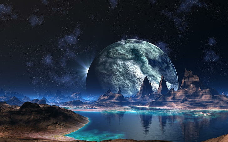 Moon over the mountains, backgrounds, desktop, lake, scifi, planets, HD wallpaper