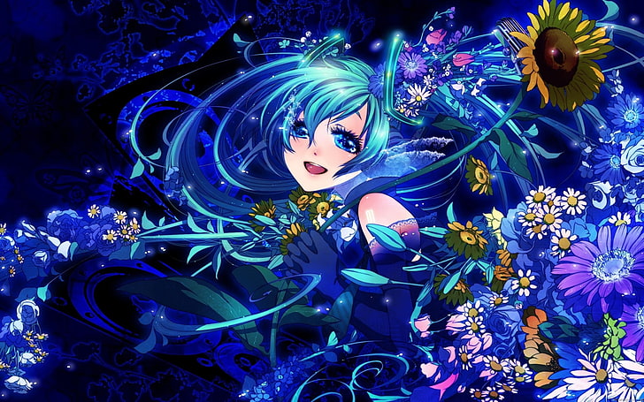 Hd Wallpaper Anime Girl Blue Hair Flowers Happy Face One Person Young Adult Wallpaper Flare