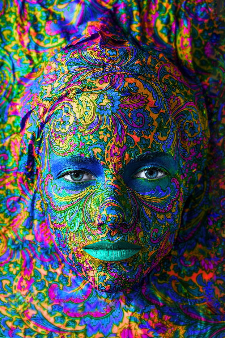 blue eyes, portrait, women, face, body paint, colorful, depth of field