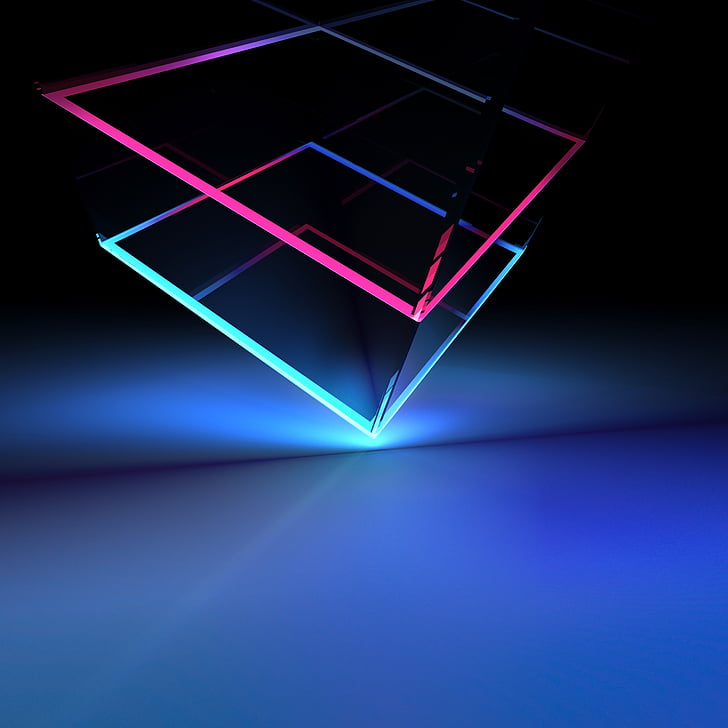 Cube, 3D, Neon, Blue, Light, HTC U12 Plus, Stock, HD, HD wallpaper