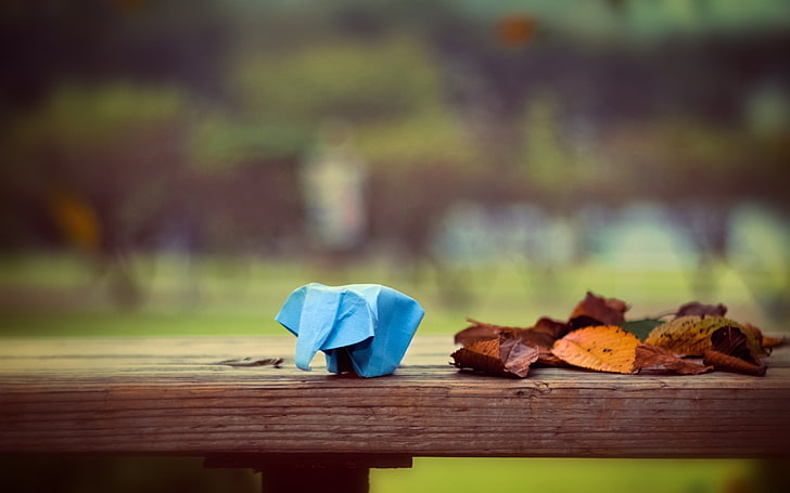 blue paper elephant, leaves, fall, depth of field, animals, origami