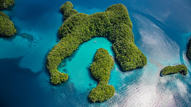 aerial photography of green island with blue sea, Palau, Philippines, HD wallpaper
