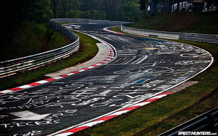 gray and red racetrack, nurburgring, race tracks, road, graffiti, HD wallpaper