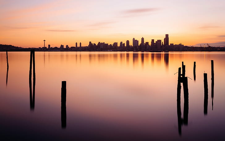 city view on lake during sunset, Light, seattle, sunrise, morning, HD wallpaper