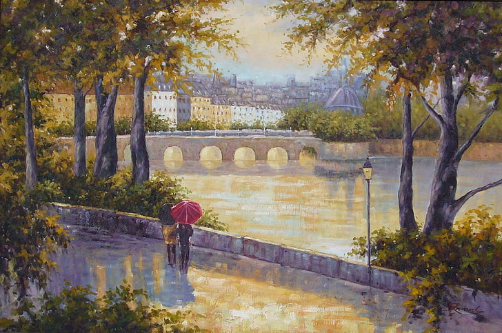 two person looking at bridge painting, trees, people, city, mood
