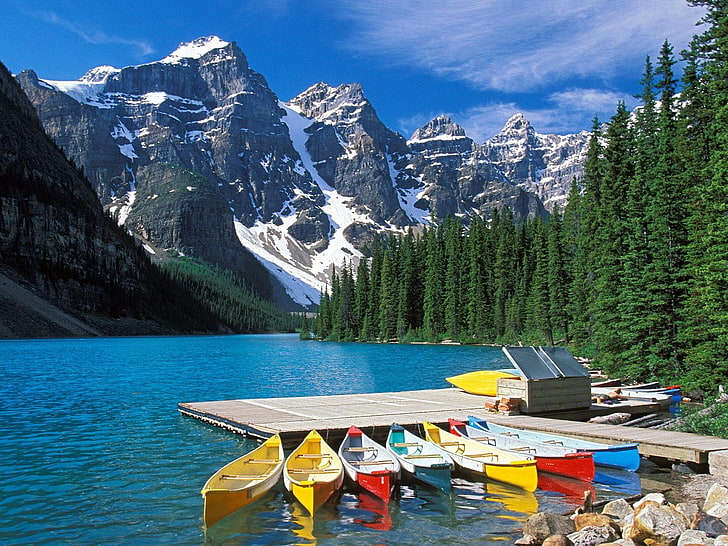 brown boardwalk, boats, canada, multi-colored, lake, excursions