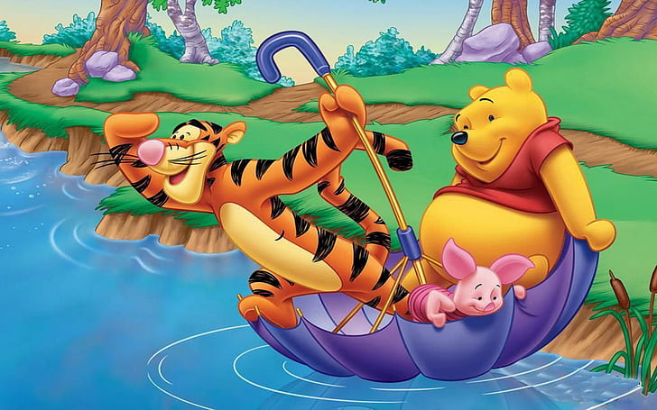 Winnie The Pooh Tigger And Piglet River Boating With Umbrella Cartoon Hd Wallpaper 1920×1200, HD wallpaper