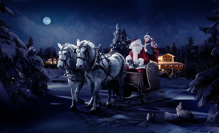 santa claus, sleigh, girl, horse, tree, night, christmas, bag, gifts