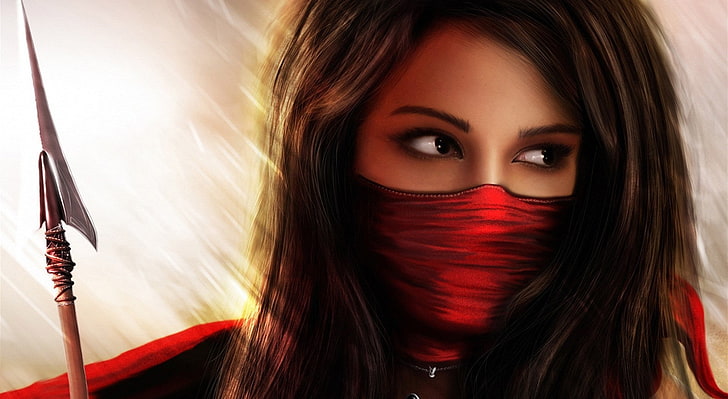 Ninja Girl Fantasy, women's red face mask illustration, Artistic