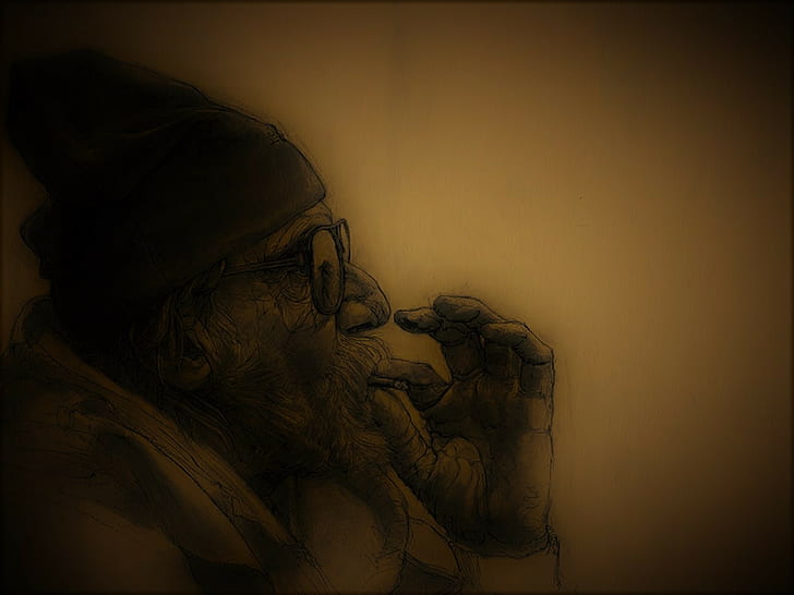 smoking, old people, dark, artwork, HD wallpaper