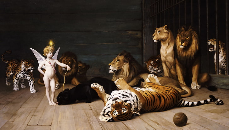 animals, tiger, picture, Leo, Jean-Leon Gerome, Love The Conqueror, HD wallpaper