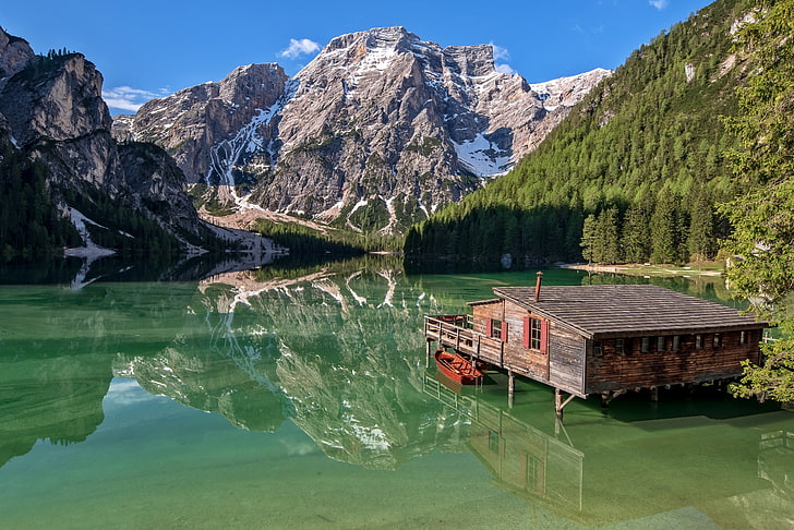 mountains, lake, reflection, boat, Italy, house, The Dolomites, HD wallpaper