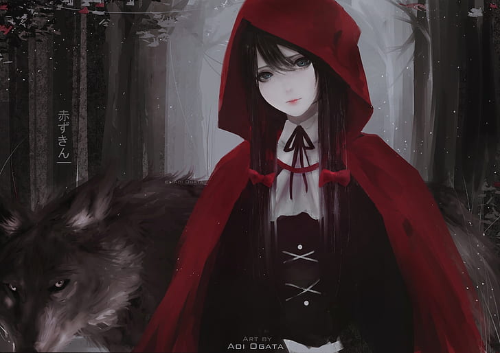 Aoi Ogata, Little Red Riding Hood, digital art, brunette, wolf, HD wallpaper