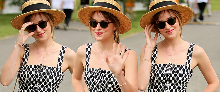 Dakota Johnson, celebrity, straw hat, collage, sunglasses, women with glasses