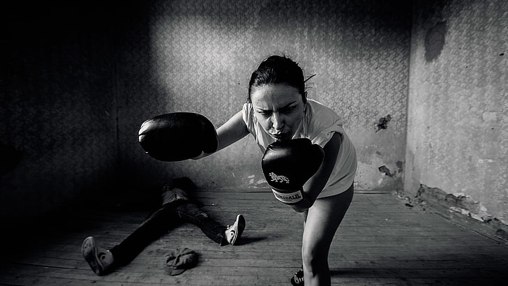 women, model, long hair, monochrome, face, boxing, angry, on the floor