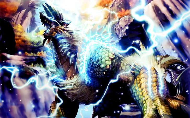 blue and white floral textile, Monster Hunter, Zinogre, no people, HD wallpaper