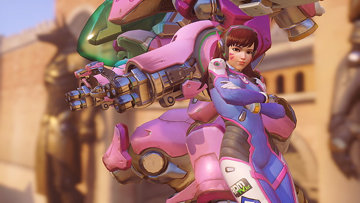 animated woman and pink robot illustration, D.Va (Overwatch)