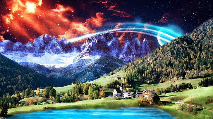 HD wallpaper: landscape photo manipulation village hill mountain nebula ...
