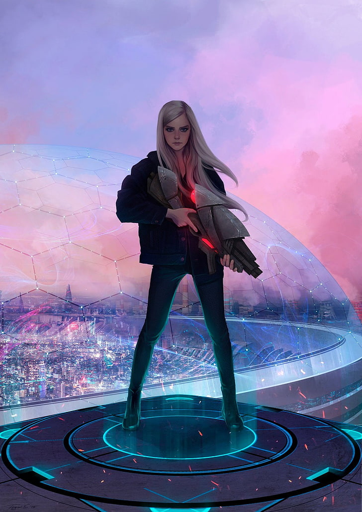 Fortnite woman holding gun character, science fiction, artwork