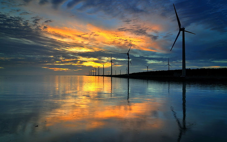 sunset, nature, reflection, wind turbine, sky, water, cloud - sky