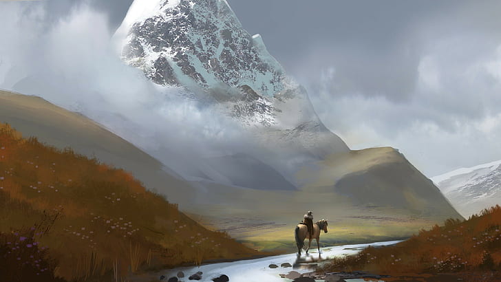 artwork digital art landscape mountain river snowy peak horse men field hill