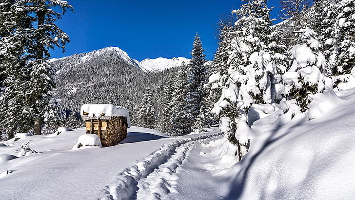photo of shed covered with snow, winter, mountain, nature, european Alps, HD wallpaper