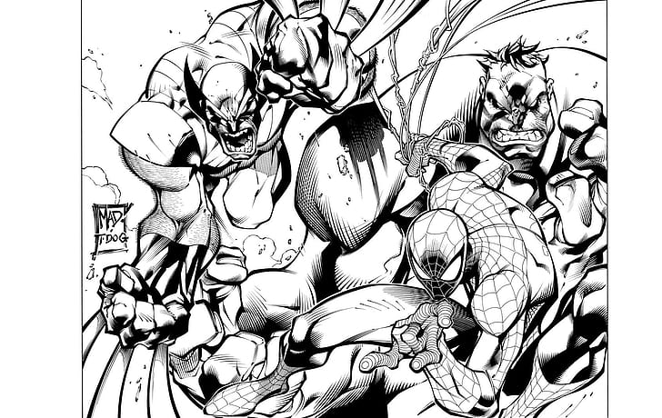Marvel Comics, Spider-Man, Wolverine, Hulk, artwork, monochrome